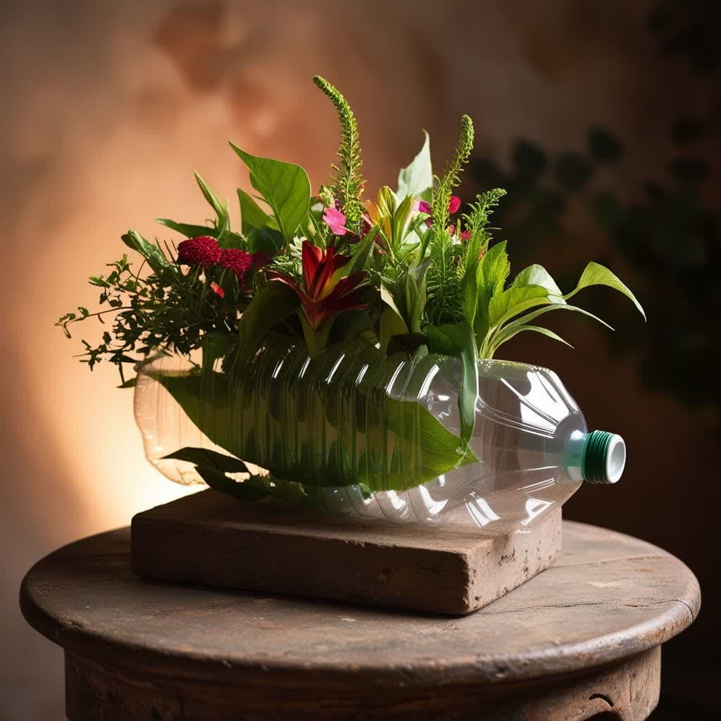 استفاده از بطری پلاستیکی به عنوان گلدان